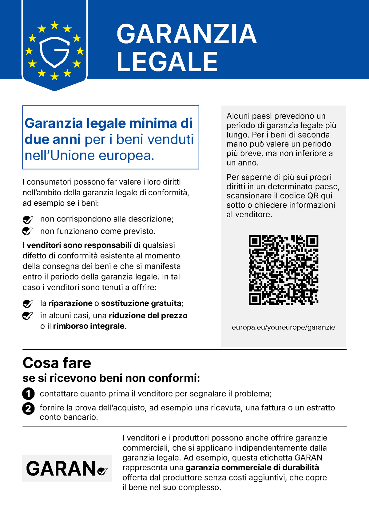 Nota sulla garanzia legale in italiano