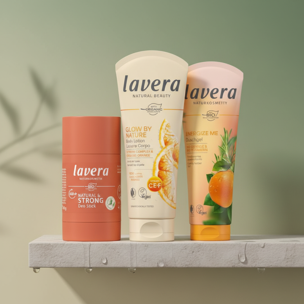 Natural& Strong Deo Stick, Glow by nature Body lotion, energize me Duschgel (AI-generated image)