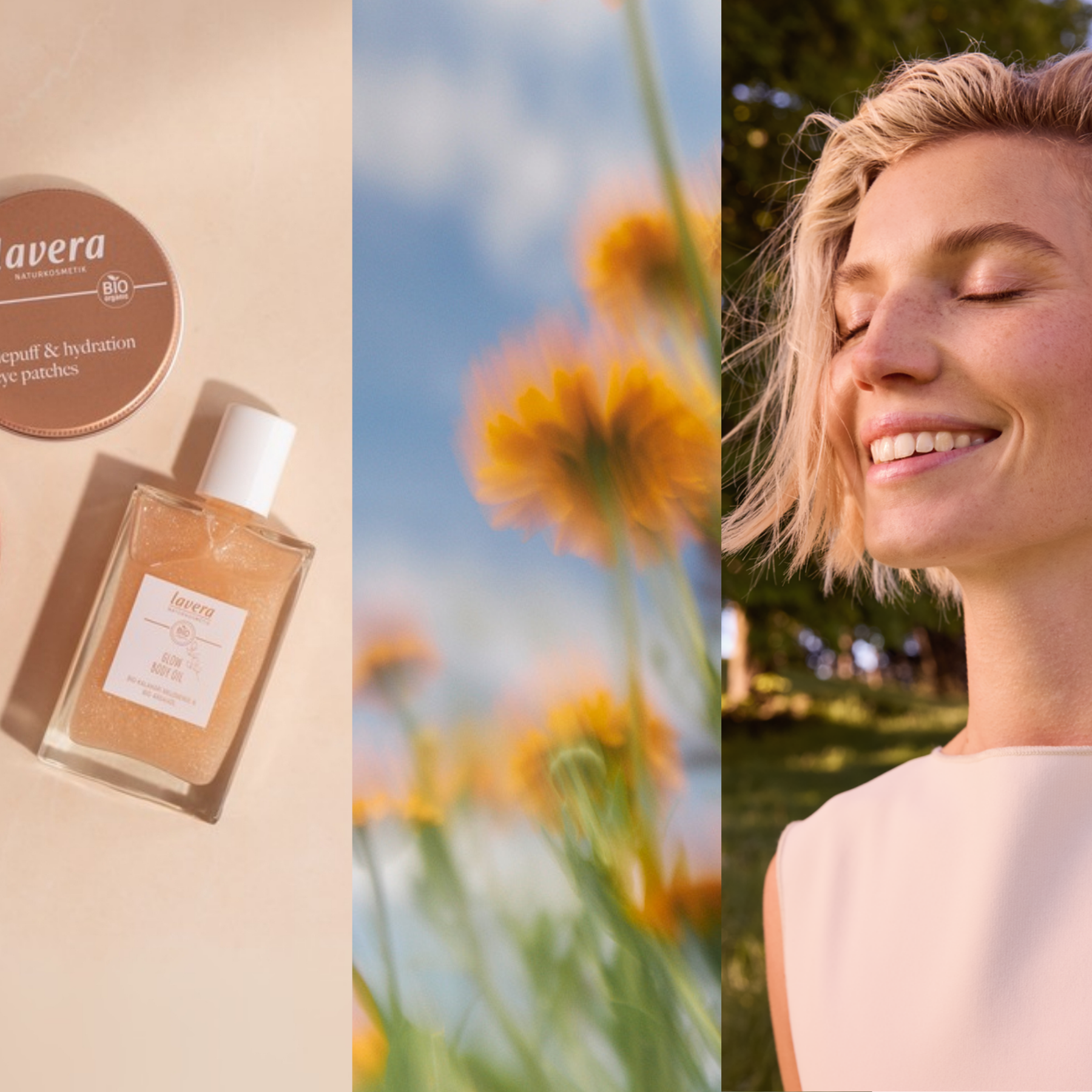 Banner mit 2 lavera Produkten, Blumen und einer lächelnden Frau