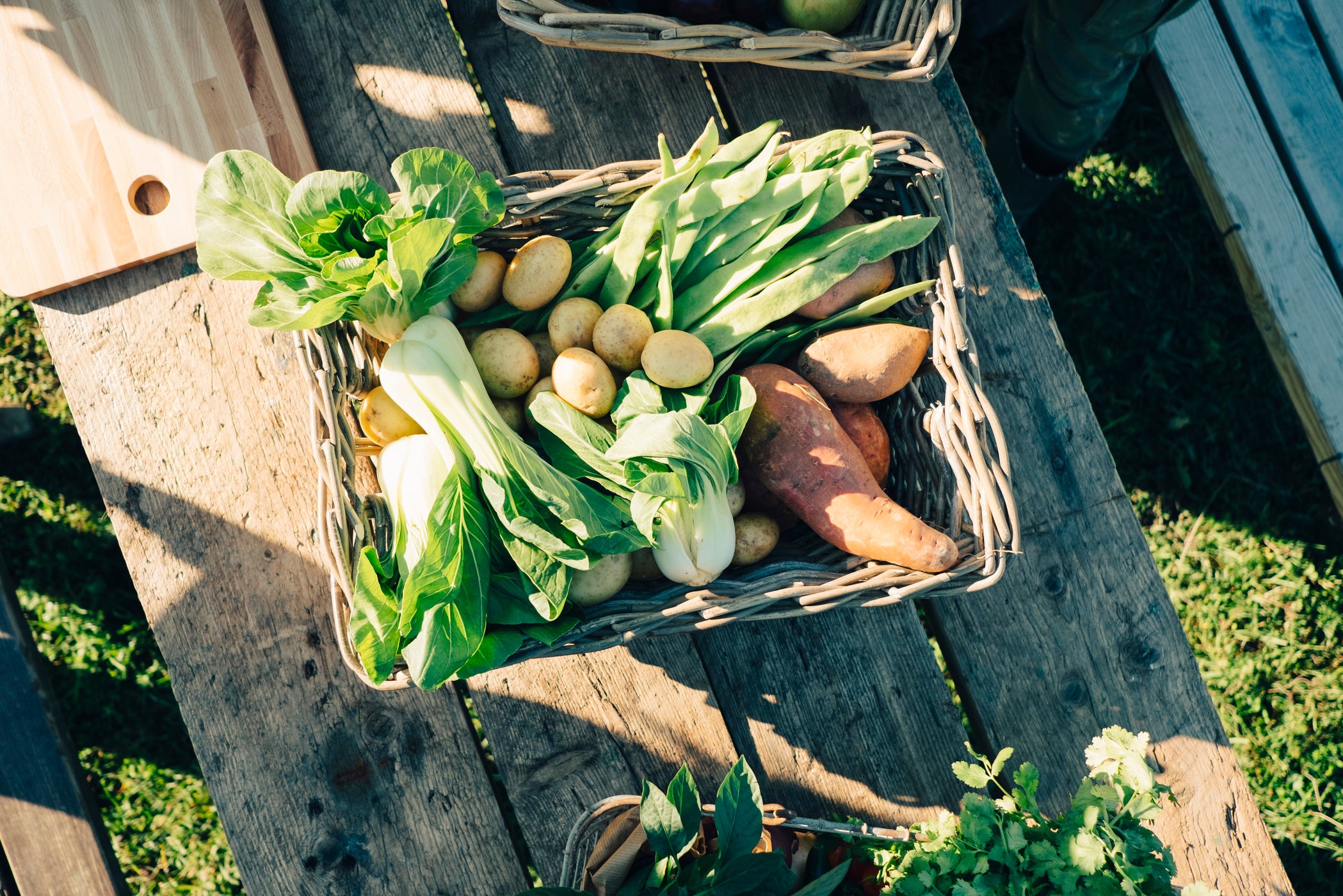 Cestino pieno di patate e verdure su panca di legno all'aperto