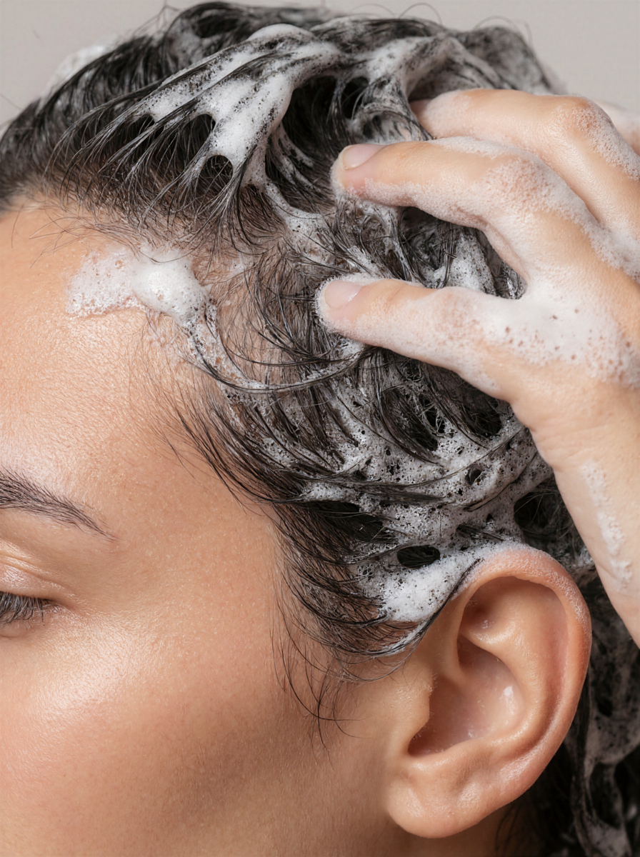 Frau schäumt sich die Haare mit Shampoo ein (AI-generated image)