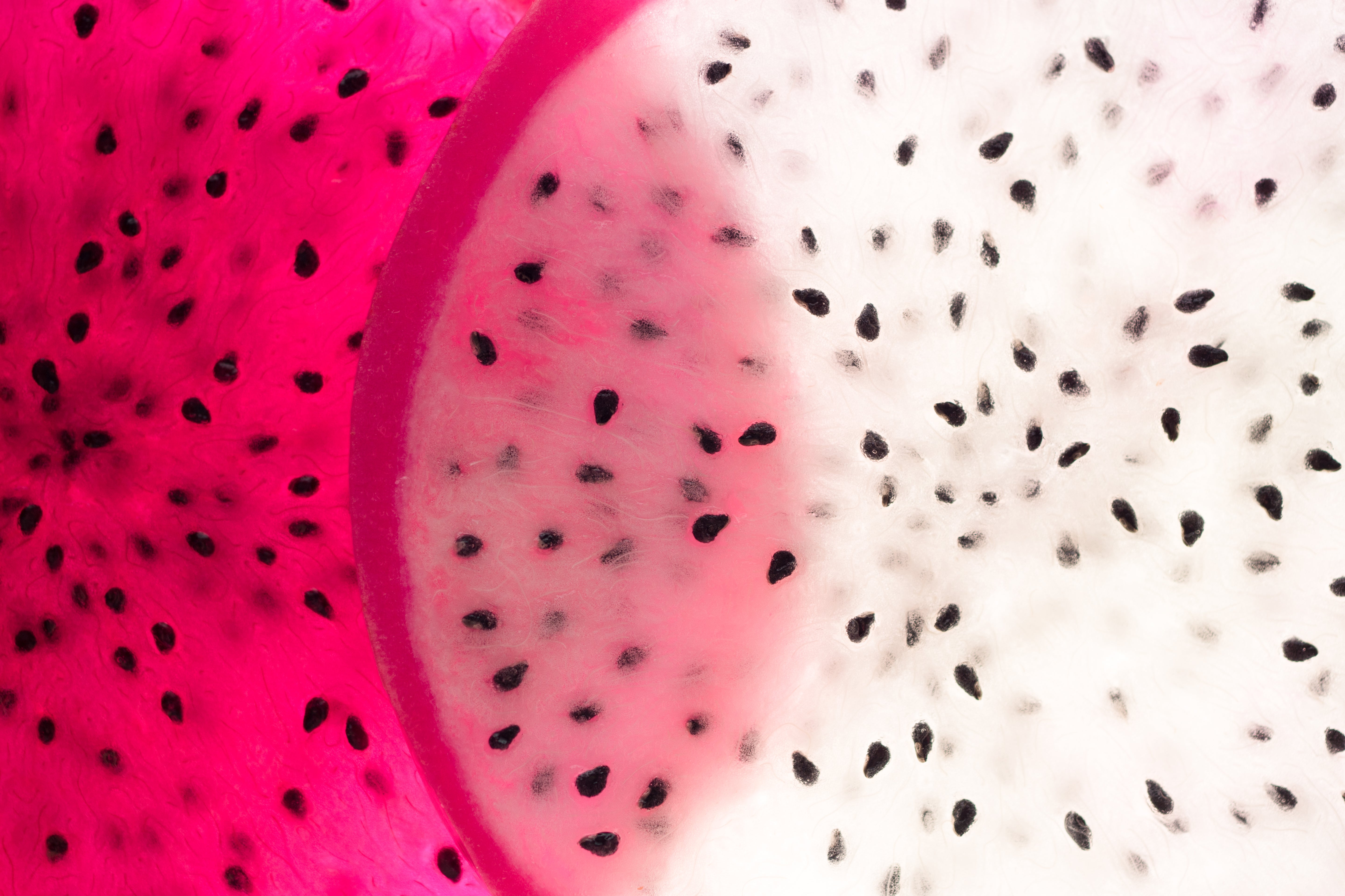 Zwei Drachenfruchtscheiben in Pink und Weiß übereinander gelegt