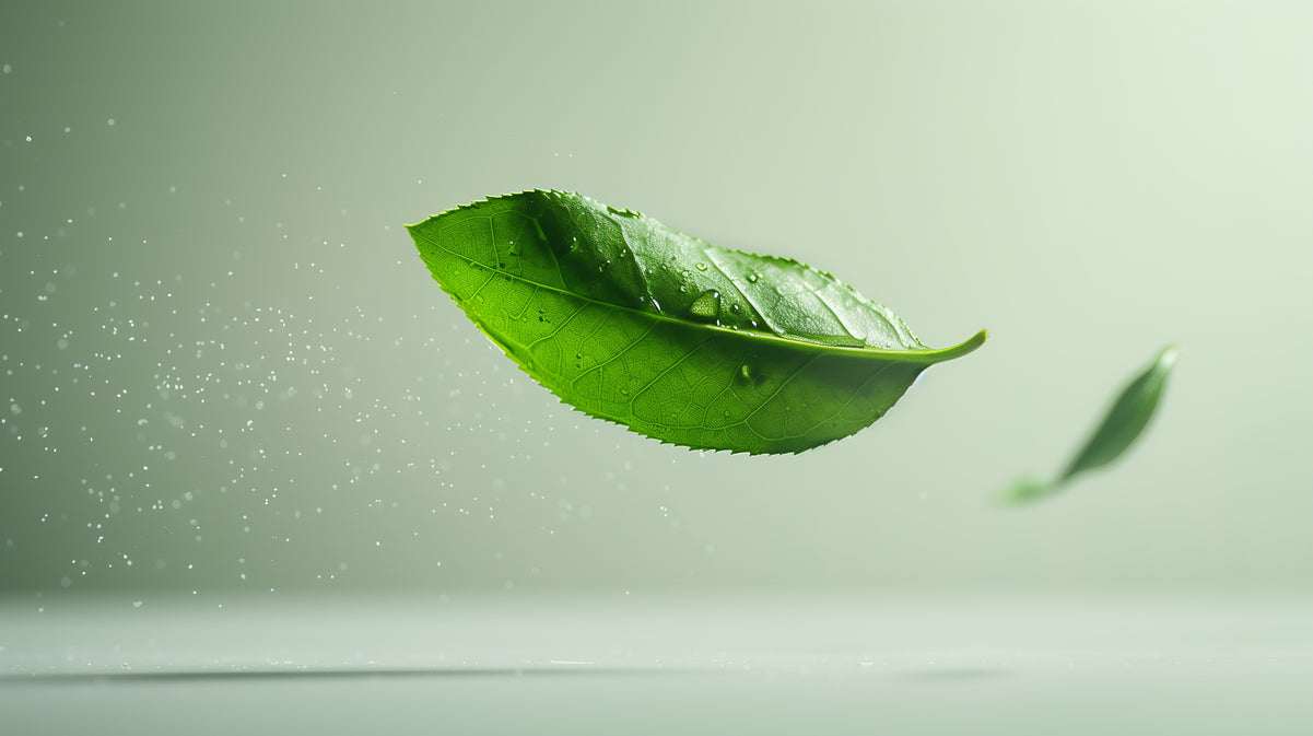Nahaufnahme eines fliegenden Matcha Blattes 