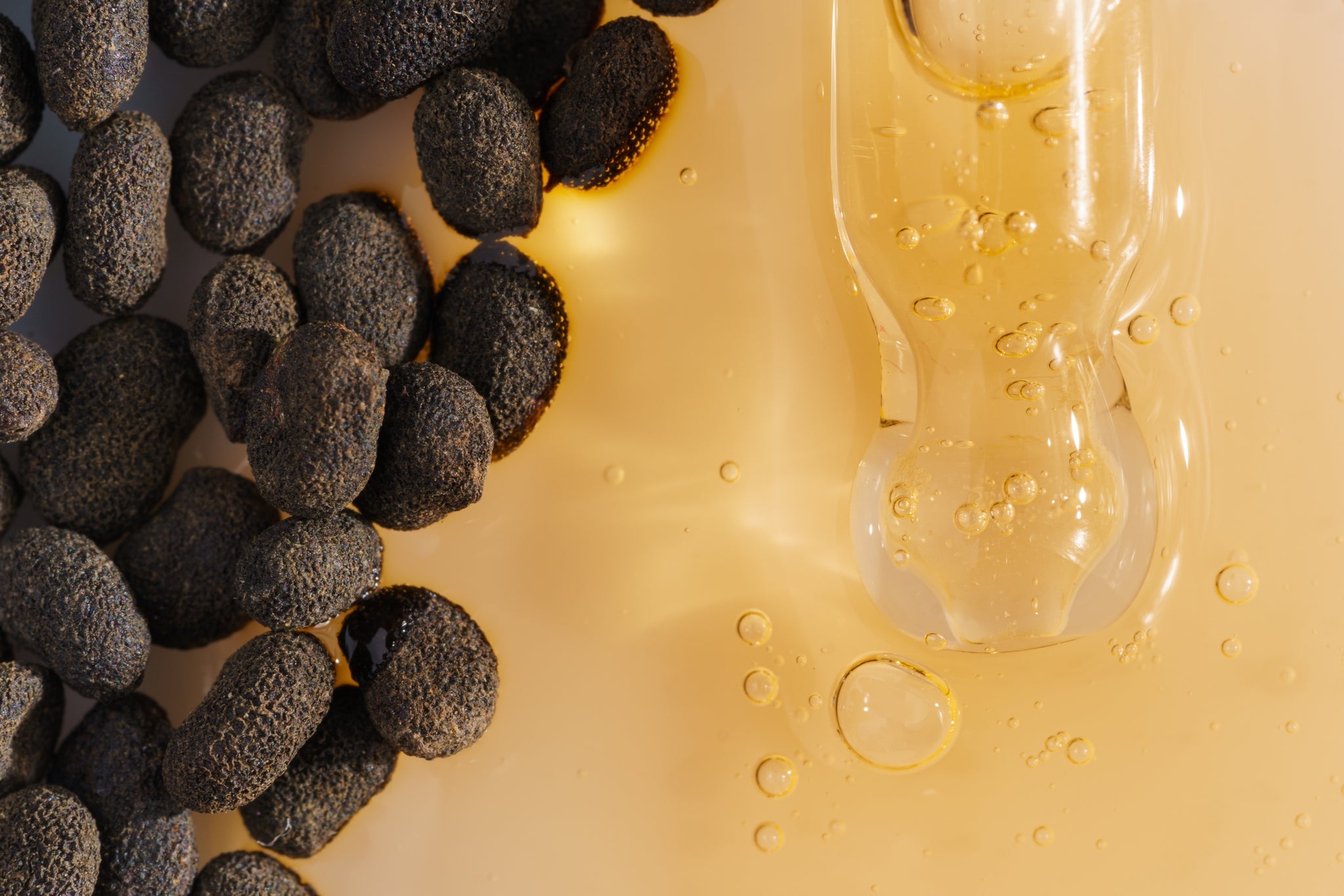Semi di Bakuchiol accanto a un contagocce con olio color oro e bolle visibili