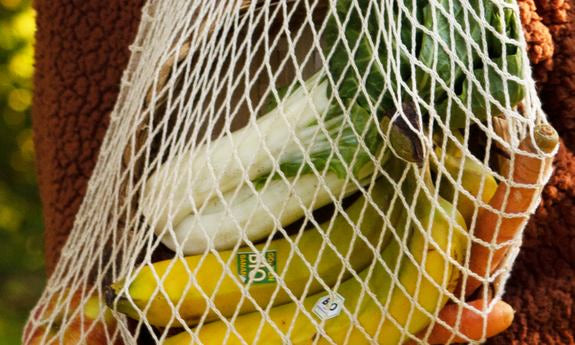 Borsa della spesa con porro, banane e carote in primo piano